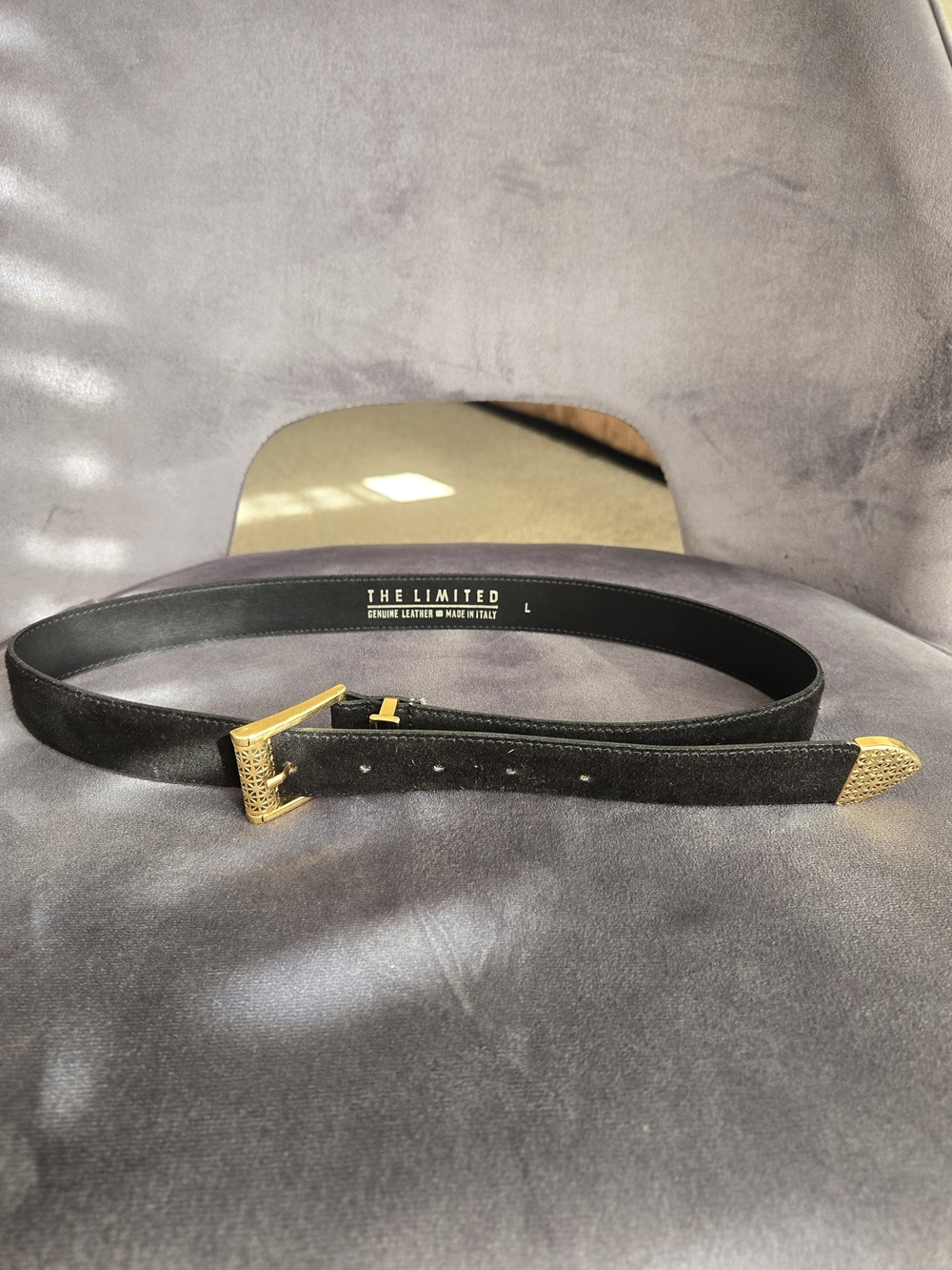 The Limited Black Leather Belt with Textured Gold Buckle